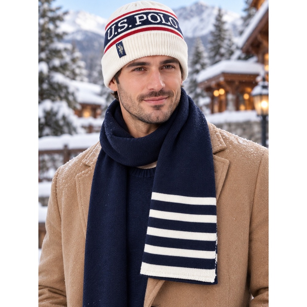 US Polo Assn Mens Navy Blue Striped Beanie Hat and Scarf Set NWT Preppy Winter